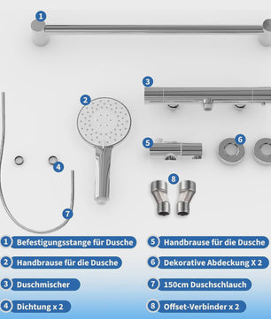 Thermostatische Douchekraan Set met Handdouche en 3 Straalstanden - Wandmontage Badkamer Mixer