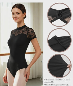 Dames Ballet Leotard met Kant en Hoge Hals - Korte Mouwen & Holle Rug