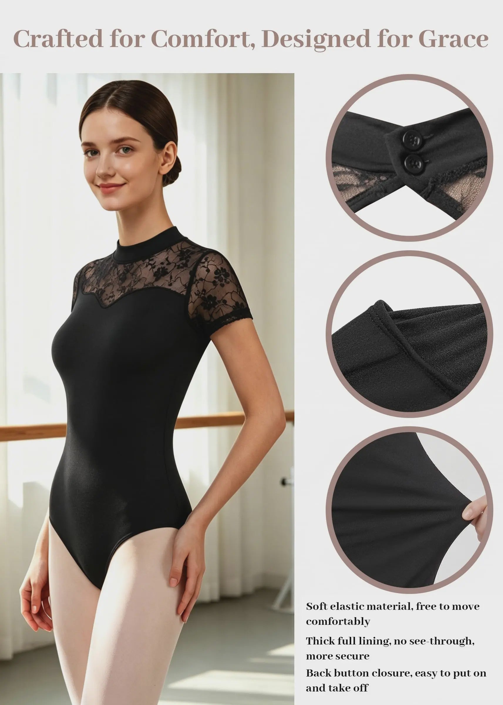 Dames Ballet Leotard met Kant en Hoge Hals - Korte Mouwen & Holle Rug