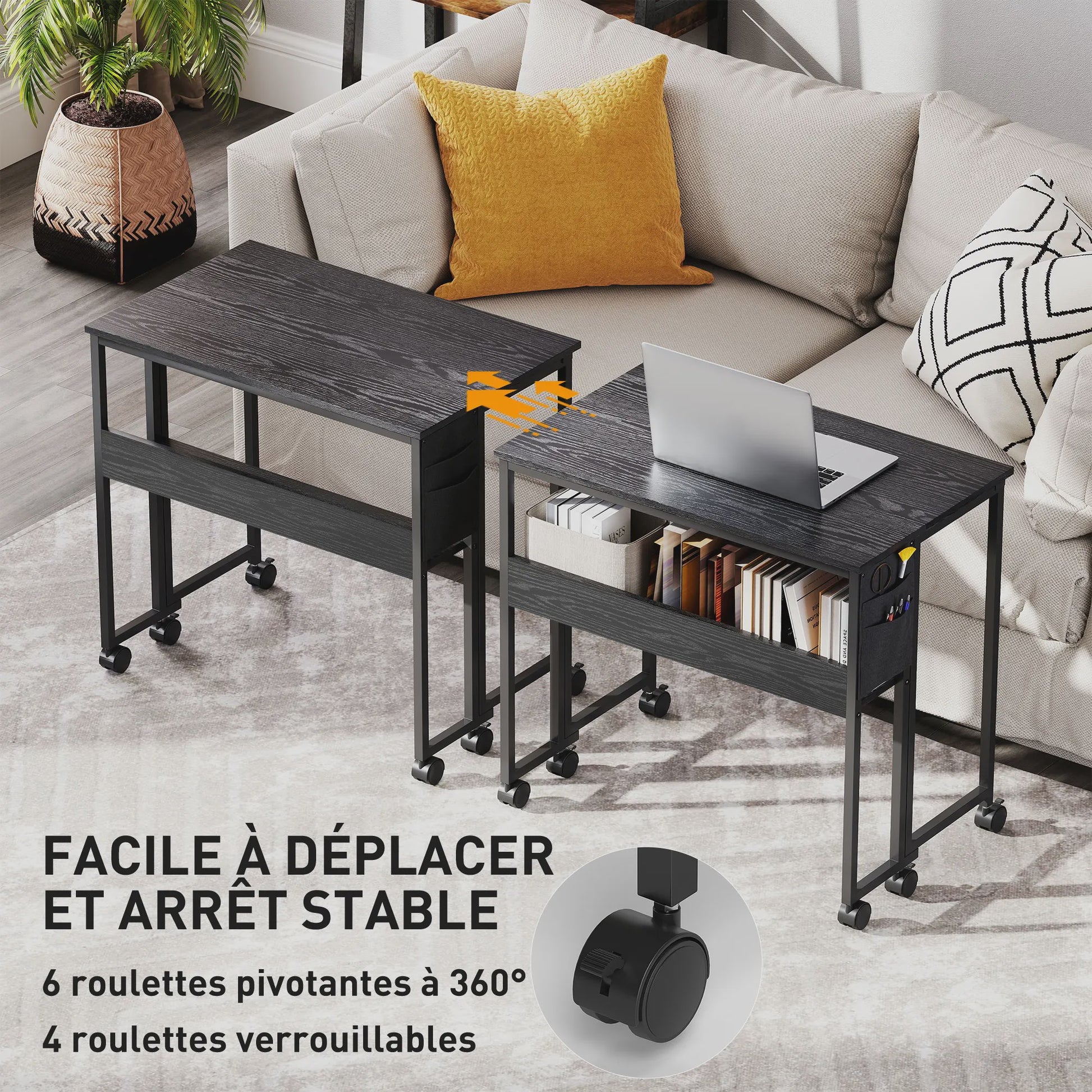 HOMCOM Inklapbaar Bureau op Wieltjes (80x50 cm) met Plank en Opbergvak - Zwart