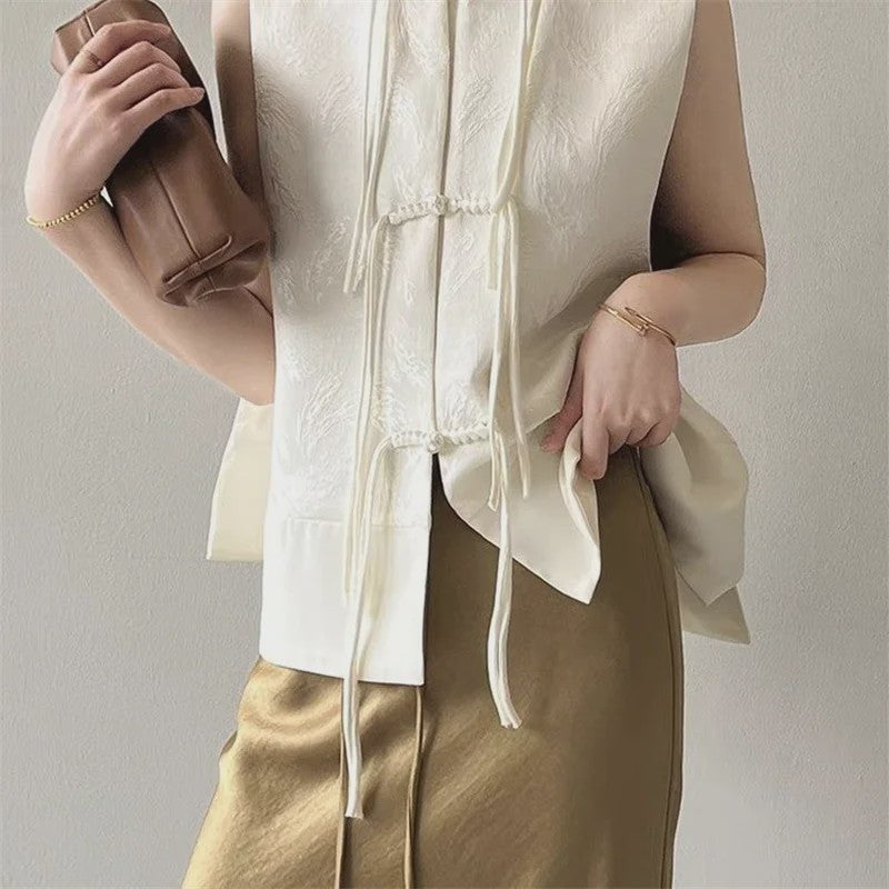 Chique Jacquard Vest met Knopen en Opstaande Kraag - Retro Stijl