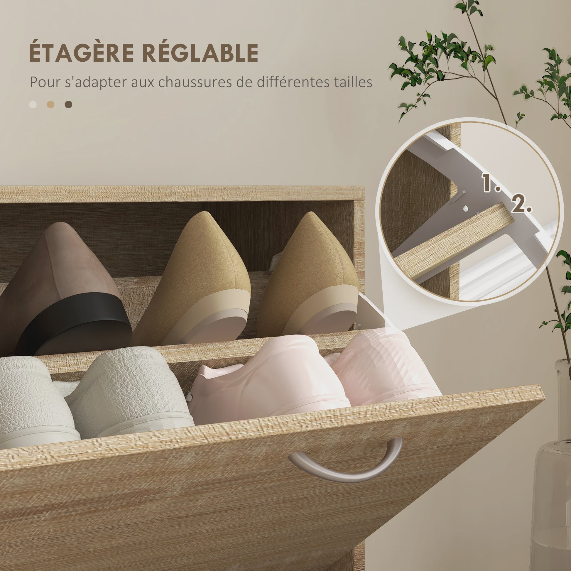 HOMCOM 3-in-1 Entree Meubelset: Kapstok, Spiegel & Schoenbank met 6 Haken en Verstelbare Plank - Natuurlijk Houtdecor