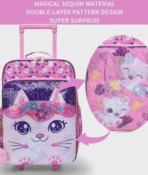 Roze Kinderkoffer met Kattenprint en Pailletten - 18 inch Handbagage