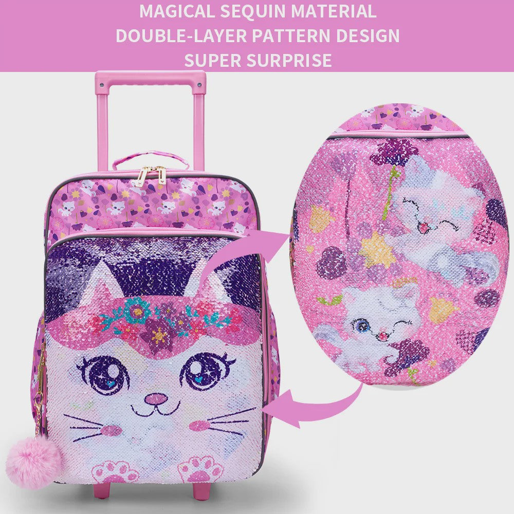 Roze Kinderkoffer met Kattenprint en Pailletten - 18 inch Handbagage