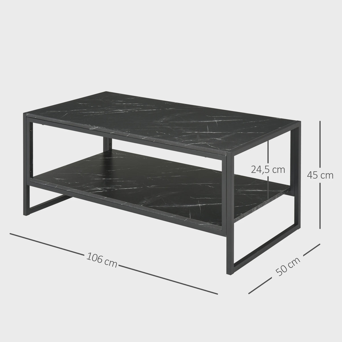 HOMCOM Salontafel met 2 etages, Modern Design, Zwart Marmerlook, 106x50x47 cm