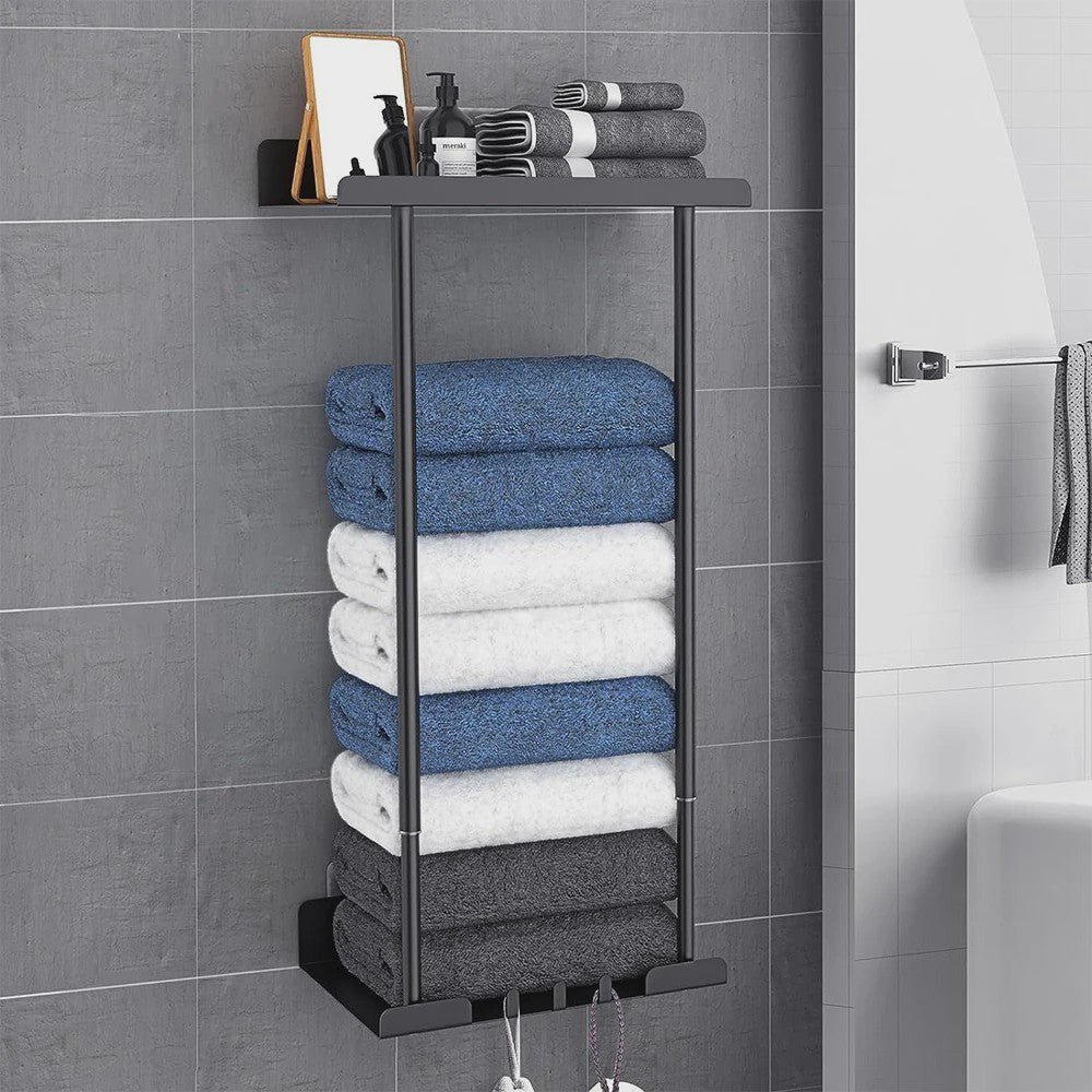 Verstelbaar Zwart Handdoekrek met Boven- en Onderplank - Ideaal voor Badkamer, Camper, Woonkamer & Sauna