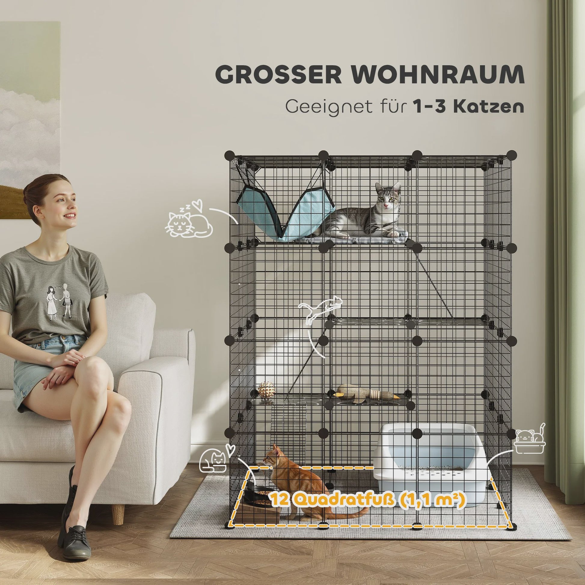 Grote DIY Kattenkooi Ren met Platforms en Hangmat - Ruim Binnenverblijf voor Katten