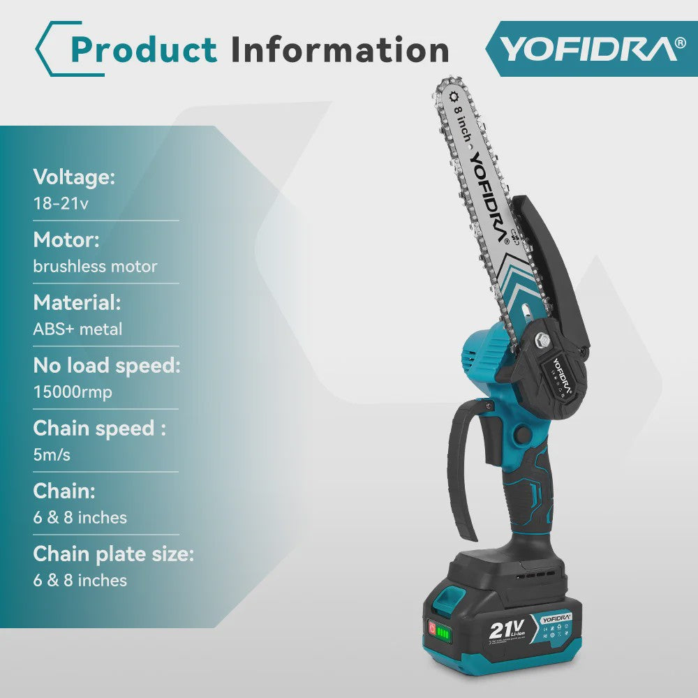 YOFIDRA Accu Snoeizaag 6 & 8 inch - Borstelloze Motor, Krachtig & Draadloos