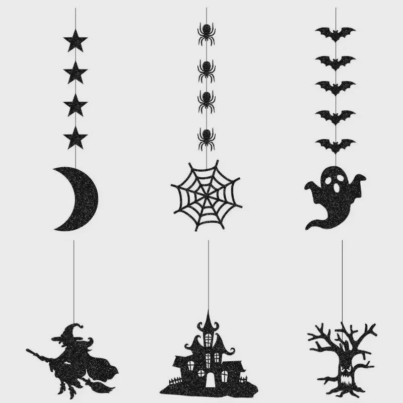 6-delige Halloween Hangende Banner Garland met Spookjes, Heksen en Spinnen