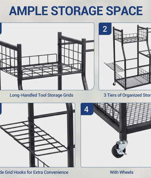 Mobiele Tuingereedschap Organizer - 3-Laags Metalen Rek met Wielen