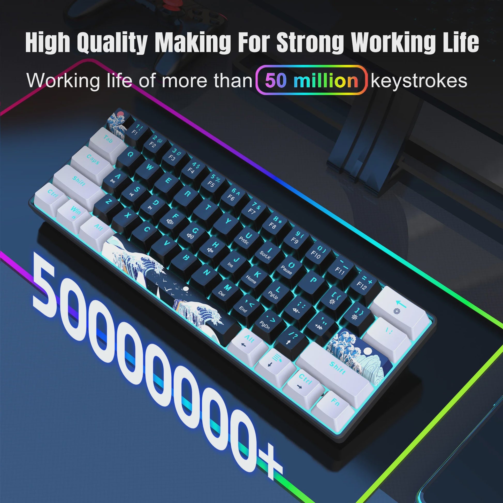 Compact 60% Mechanisch Gaming Toetsenbord met Blauwe Switches en Zee Blauw Backlit