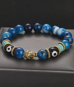 Handgemaakte Buddha & Evil Eye Armband met Turkoois Blauwe Stenen - Elastisch, Yoga Stijl