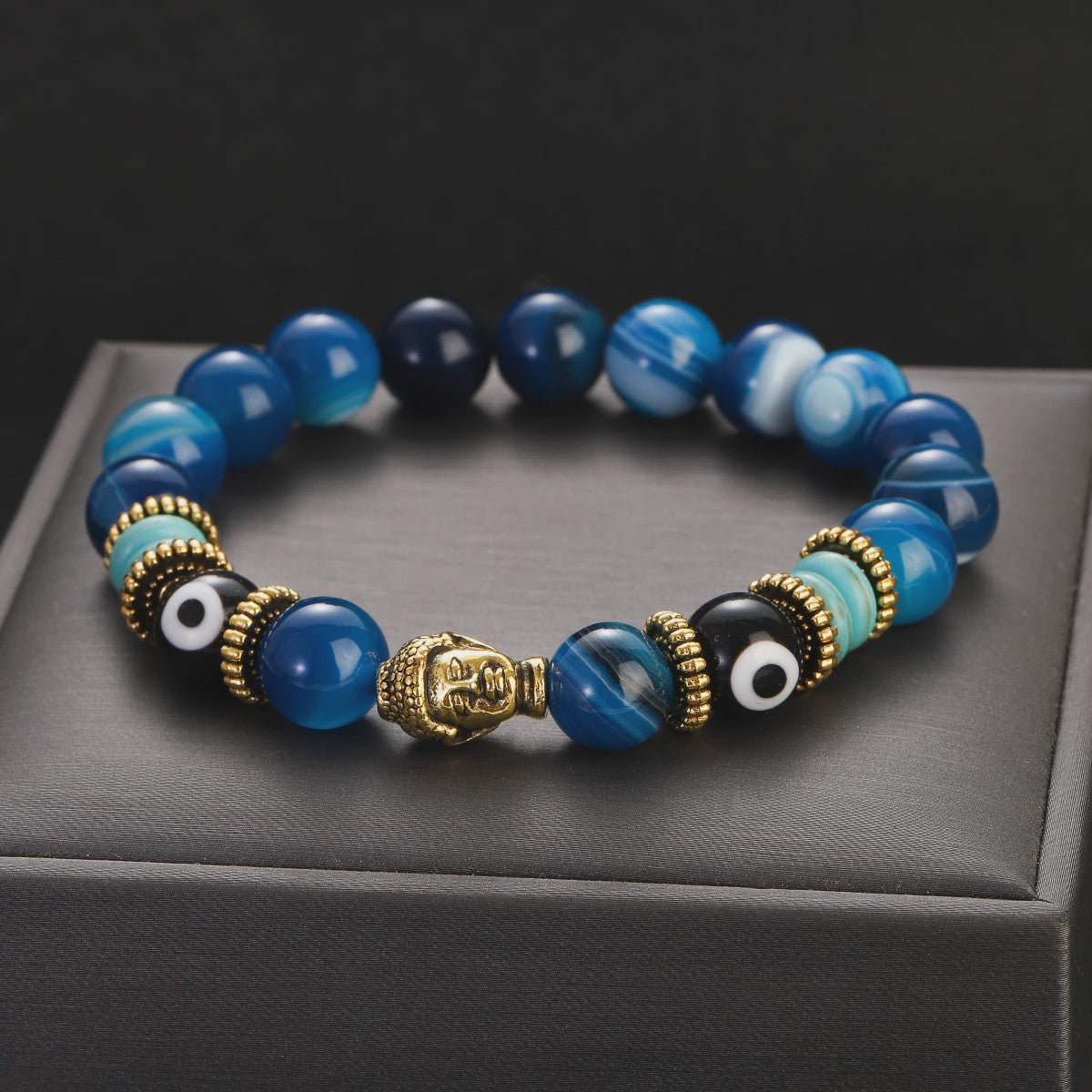 Handgemaakte Buddha & Evil Eye Armband met Turkoois Blauwe Stenen - Elastisch, Yoga Stijl