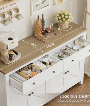 Stijlvol Wit Dressoir 140cm met Houten Top - Ruime Opbergkast voor Woon- en Eetkamer