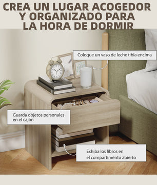 Set van 2 Scandinavische Nachtkastjes met Ronde Hoeken, Lade en Open Vak - 40x35x45 cm Naturel