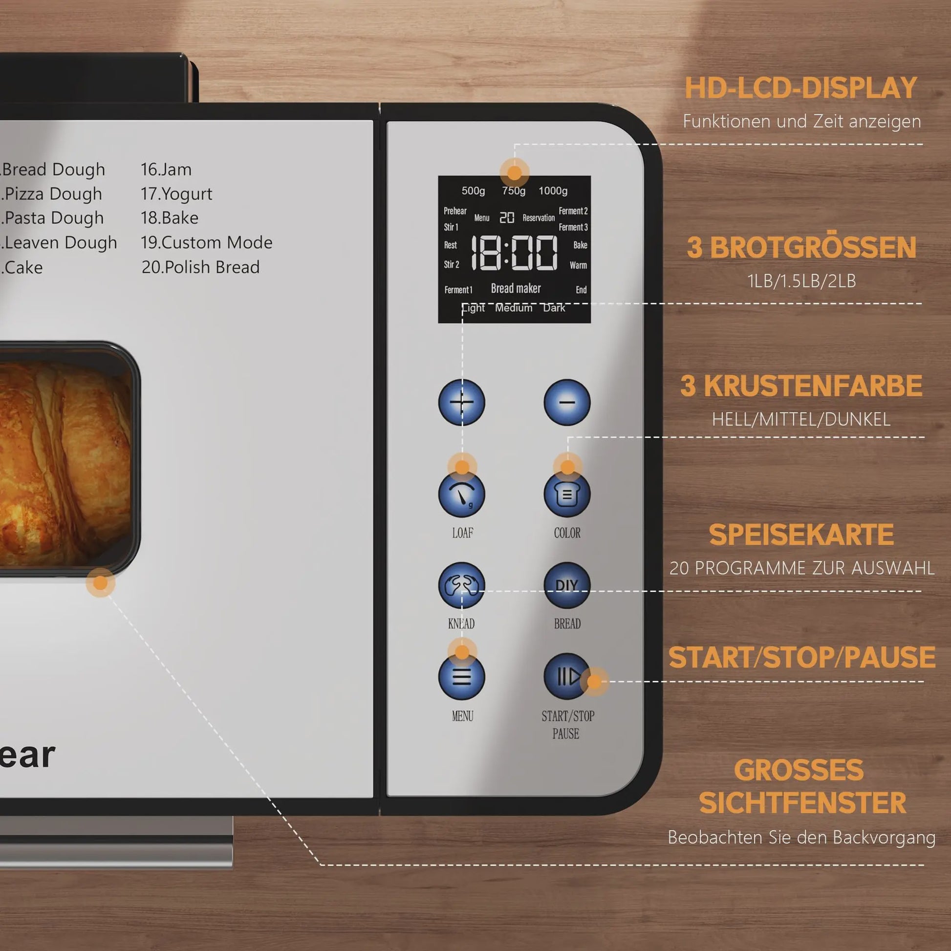 Karinear Broodbakmachine: 20 Programma's, 3 Maten, 15-Uurs Timer & Handschoenen