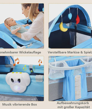 4-in-1 Baby Reisbedje: Wiege, Commode, Speelbox & Muziek - Inklapbaar & Draagbaar