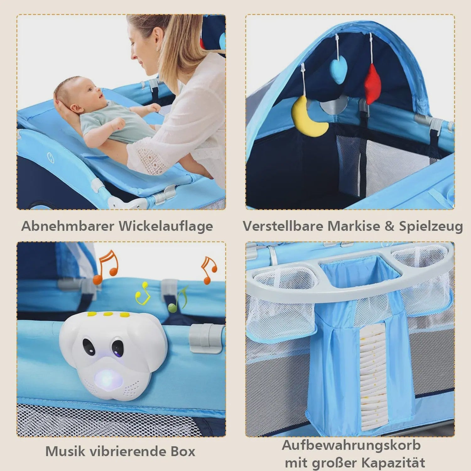 4-in-1 Baby Reisbedje: Wiege, Commode, Speelbox & Muziek - Inklapbaar & Draagbaar