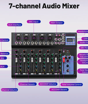 Professionele 7-Kanaals Audio Mixer voor DJ's, Live Studio & Muziekproductie