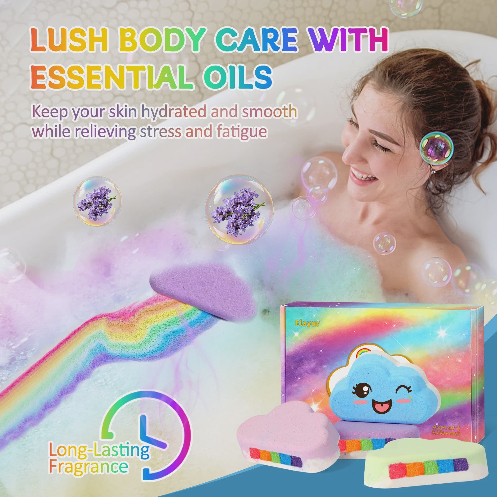 Regenboog Badbommen Set voor Kinderen - Handgemaakt, 4 Stuks, Cadeau voor Meisjes en Jongens