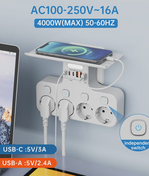 Multifunctionele Stekkerdoos met Telefoonhouder, 4 Stopcontacten en 6 USB-poorten