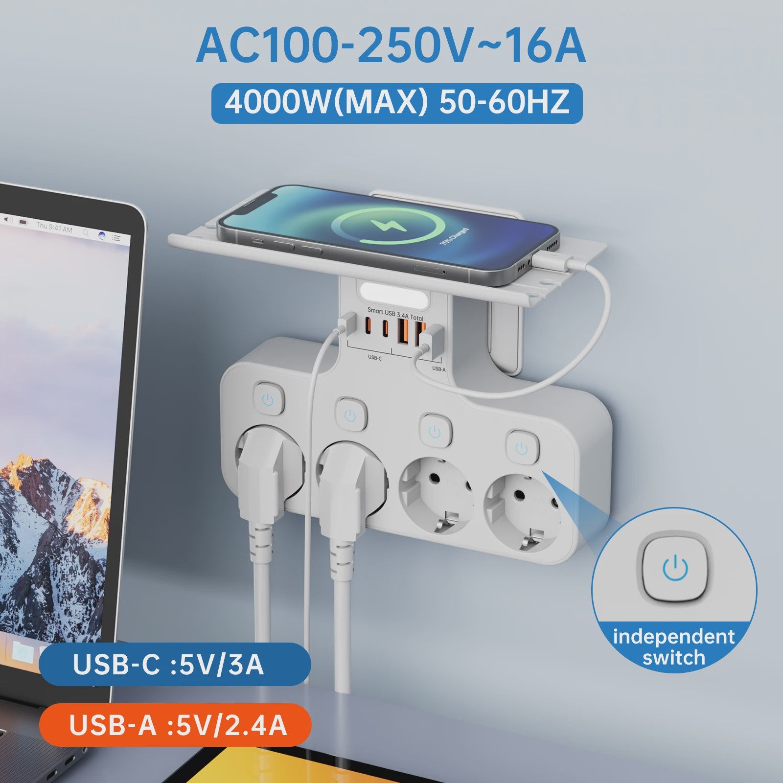 Multifunctionele Stekkerdoos met Telefoonhouder, 4 Stopcontacten en 6 USB-poorten