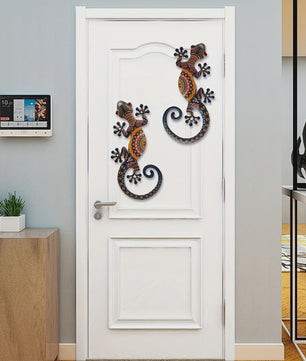 Set van 2 Metalen Gekko Wanddecoratie - Levendige Tribal Patronen voor Binnen & Buiten