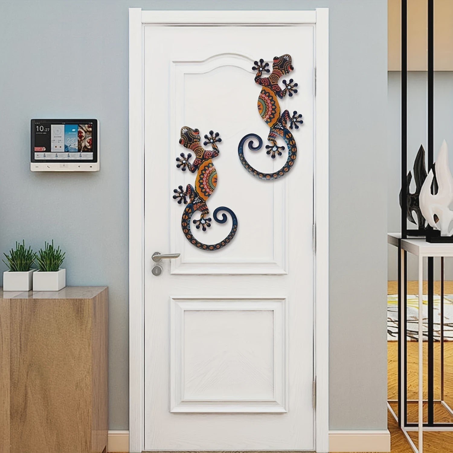Set van 2 Metalen Gekko Wanddecoratie - Levendige Tribal Patronen voor Binnen & Buiten