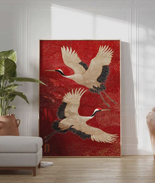 Japanse Kraanvogel Wanddecoratie - Rode en Gouden Oosterse Vogelprint
