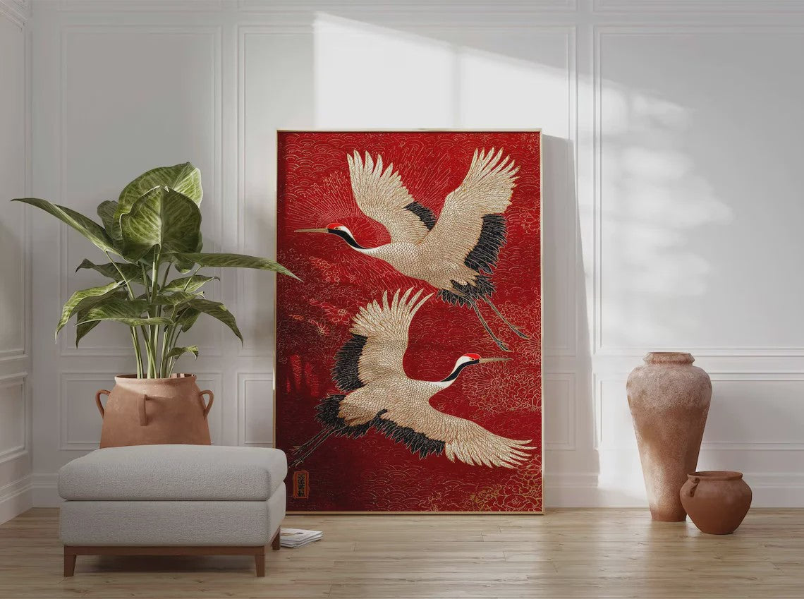 Japanse Kraanvogel Wanddecoratie - Rode en Gouden Oosterse Vogelprint