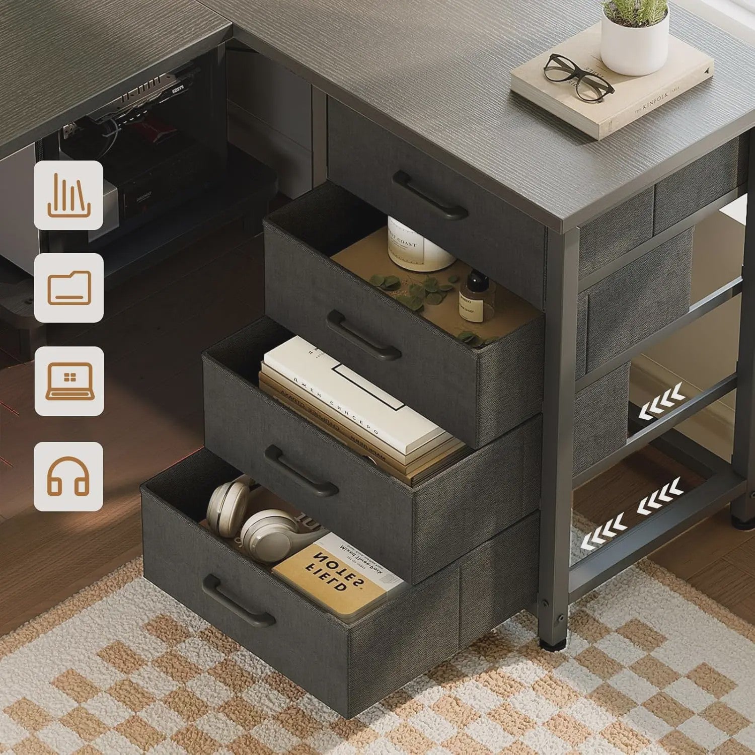 Wit L-vormig Hoekbureau met 4 Lades, Geïntegreerde Socket & USB Oplaadpoort - 155x110 cm