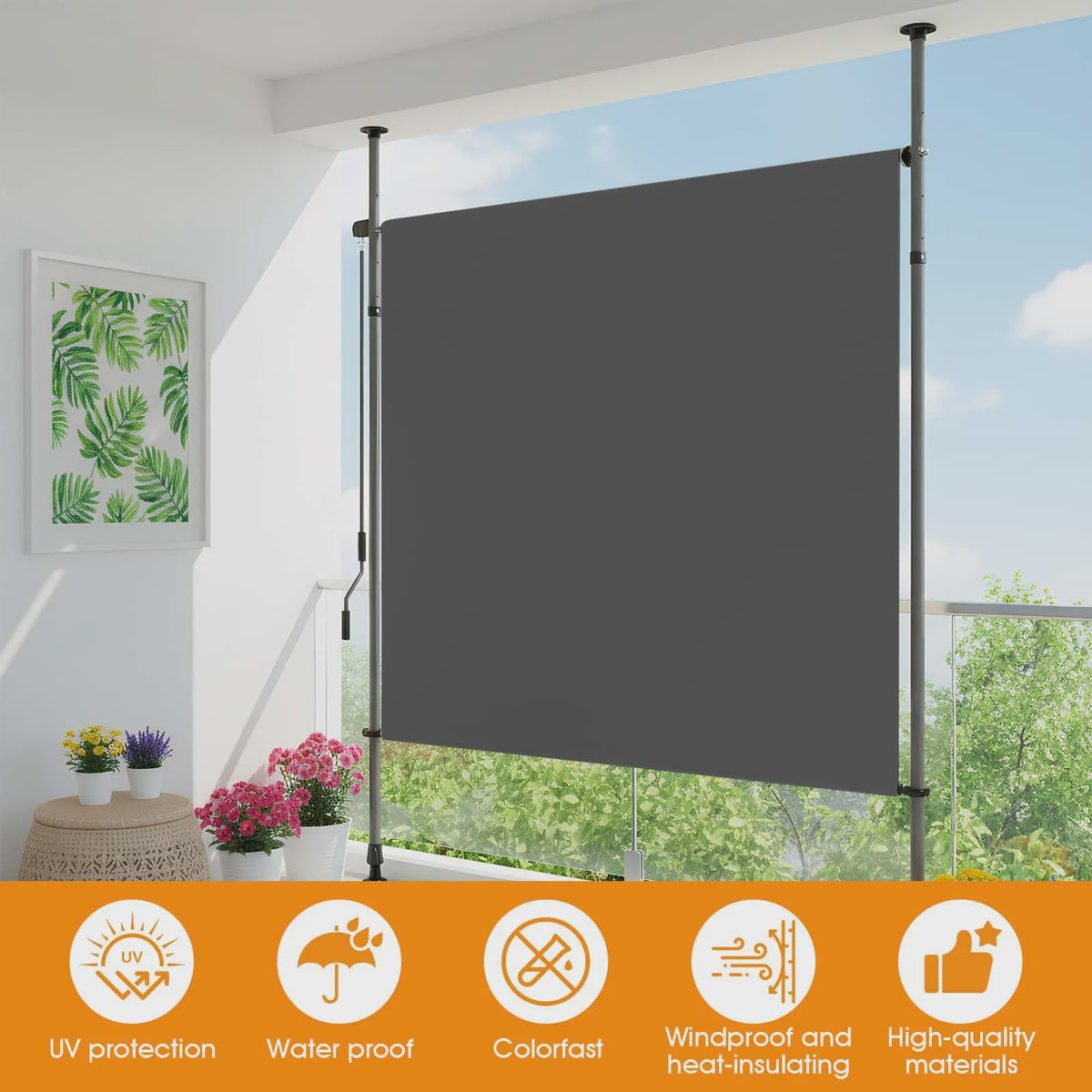 Verticale Buitenzonwering Balkon - Geen Boren Nodig - Met Handzwengel - Privacy & Zon/Windbescherming