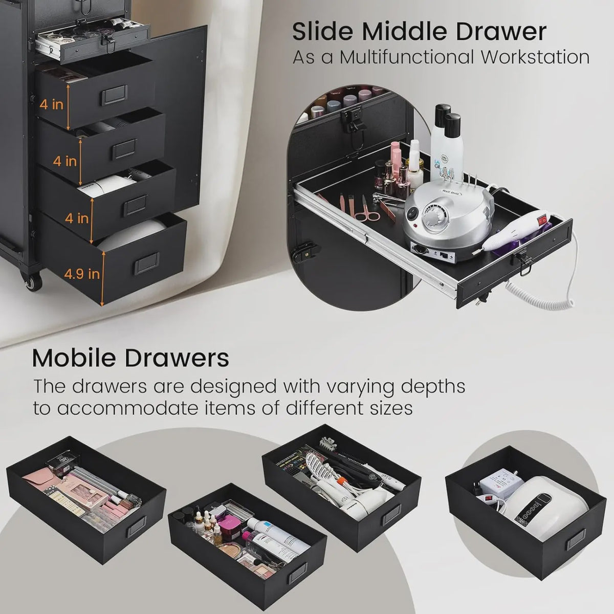 Mobiele Manicure Tafel met 5 Lades & Make-up Trolley - Inklapbaar Werkstation op Wielen
