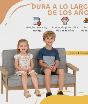 Grijze Kinderbank - Zachte Pluche 2-zits Sofa met Houten Frame