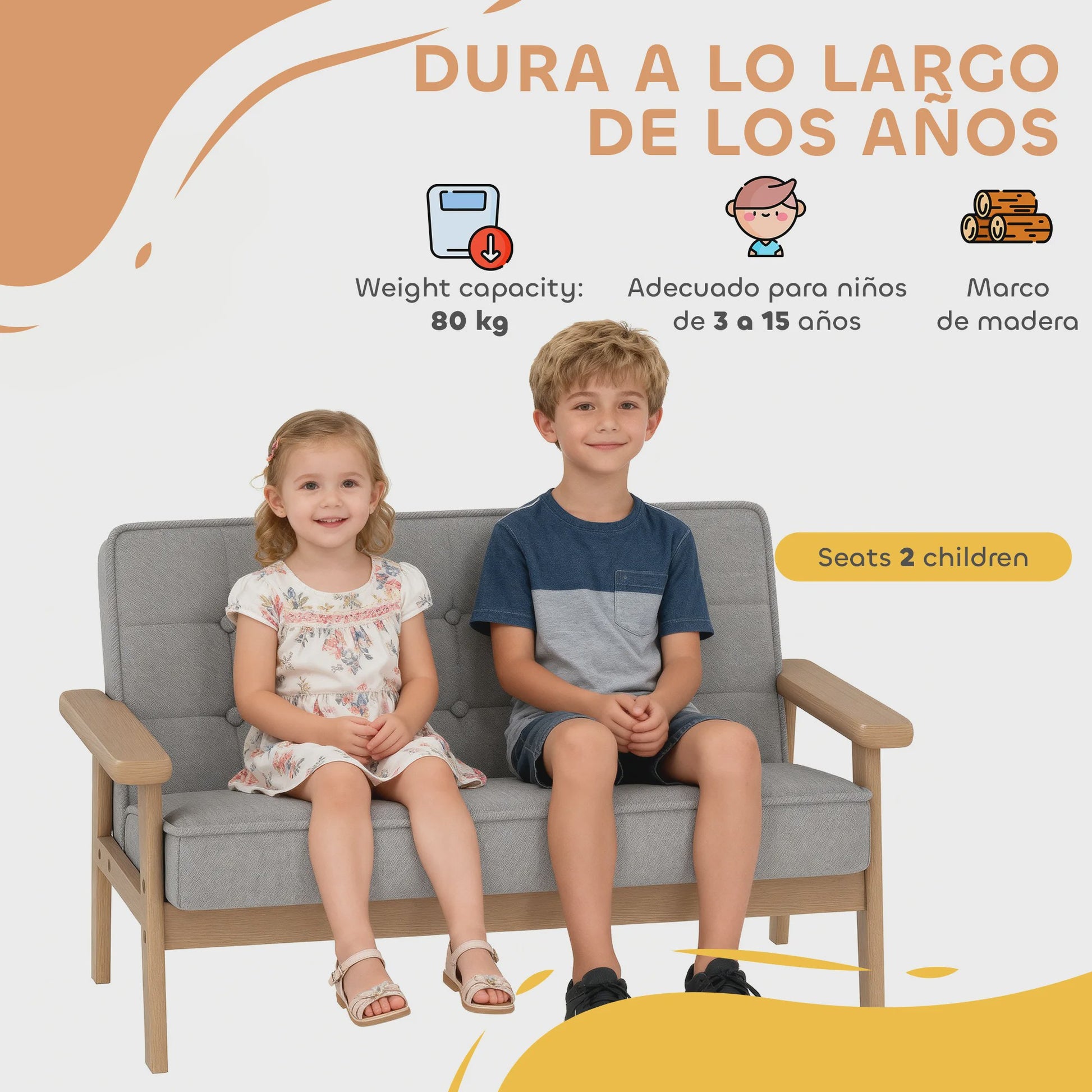 Grijze Kinderbank - Zachte Pluche 2-zits Sofa met Houten Frame