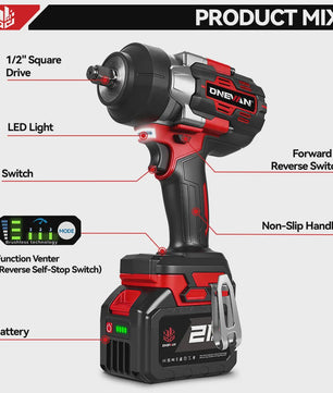 ONEVAN Brushless Elektrische Slagschroevendraaier 2800W - 2800 Nm, 1/2 Inch, Makita 18V Compatibel