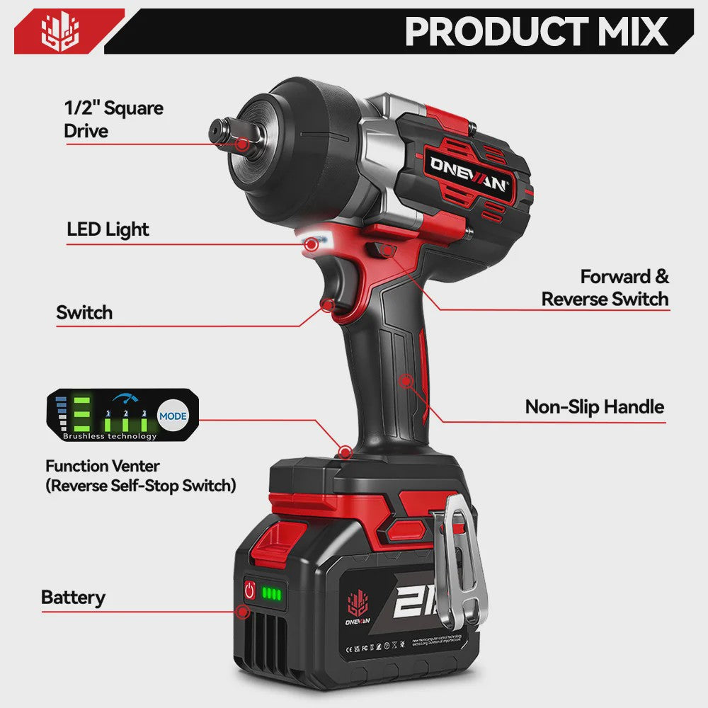 ONEVAN Brushless Elektrische Slagschroevendraaier 2800W - 2800 Nm, 1/2 Inch, Makita 18V Compatibel