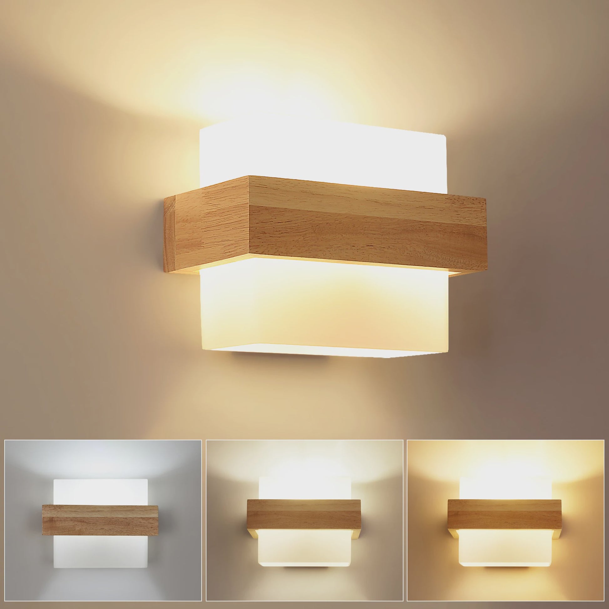 Houten Wandlamp Cilinder met Matglas en 3-kleuren LED E27 Lamp
