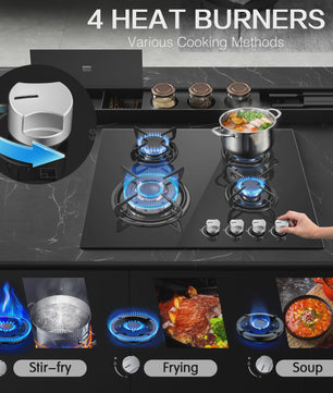 Inbouw Gasfornuis 60cm met 4 Branders | Gehard Glas | Automatische Ontsteking & Veiligheid