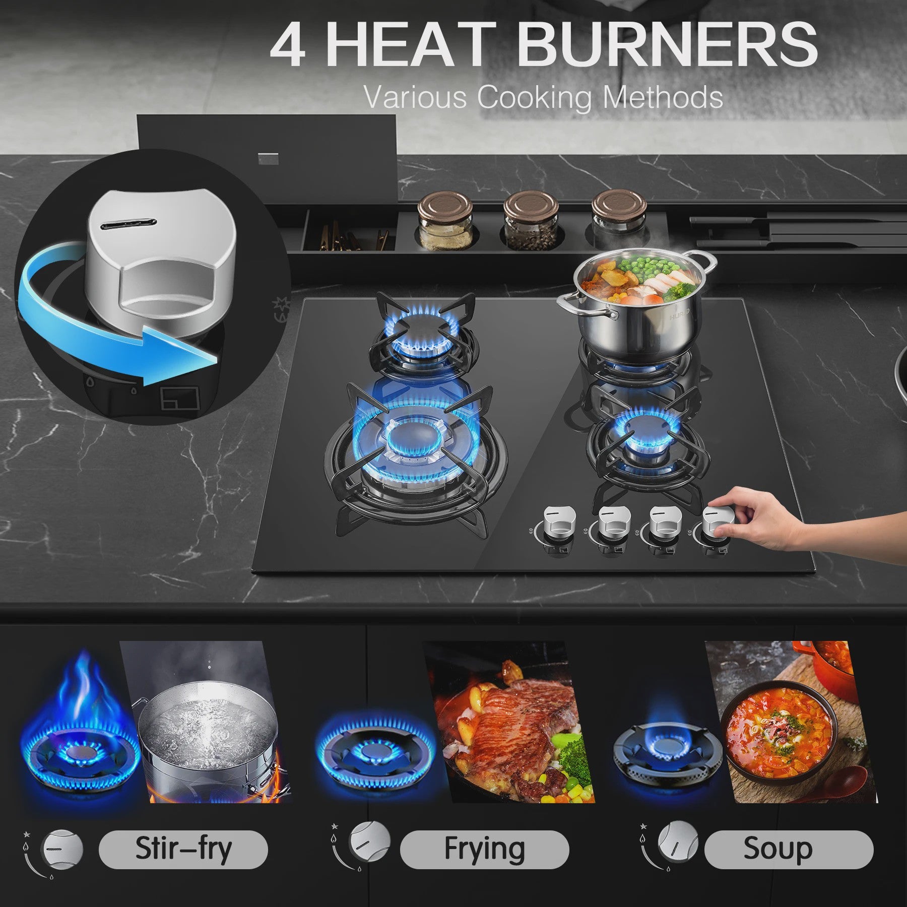Inbouw Gasfornuis 60cm met 4 Branders | Gehard Glas | Automatische Ontsteking & Veiligheid