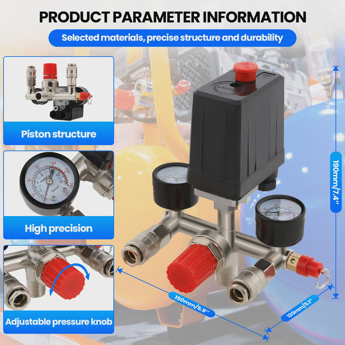 Automatische Drukregelaar Kit voor Compressor met Dubbele Manometers