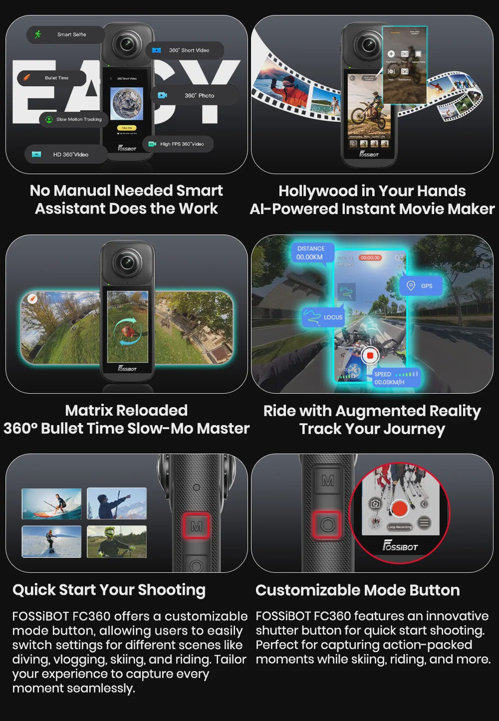 FOSSIBOT FC360 8K Actiecamera met IP68 Waterdichtheid en Invisible Selfie Stick