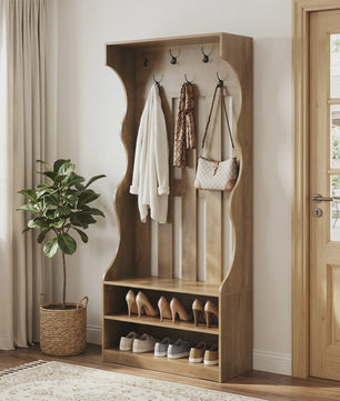 3-in-1 Halmeubel met Schoenenbank en Kapstok - Boerderijstijl Entree Organizer - 180cm Hoog - Bruin