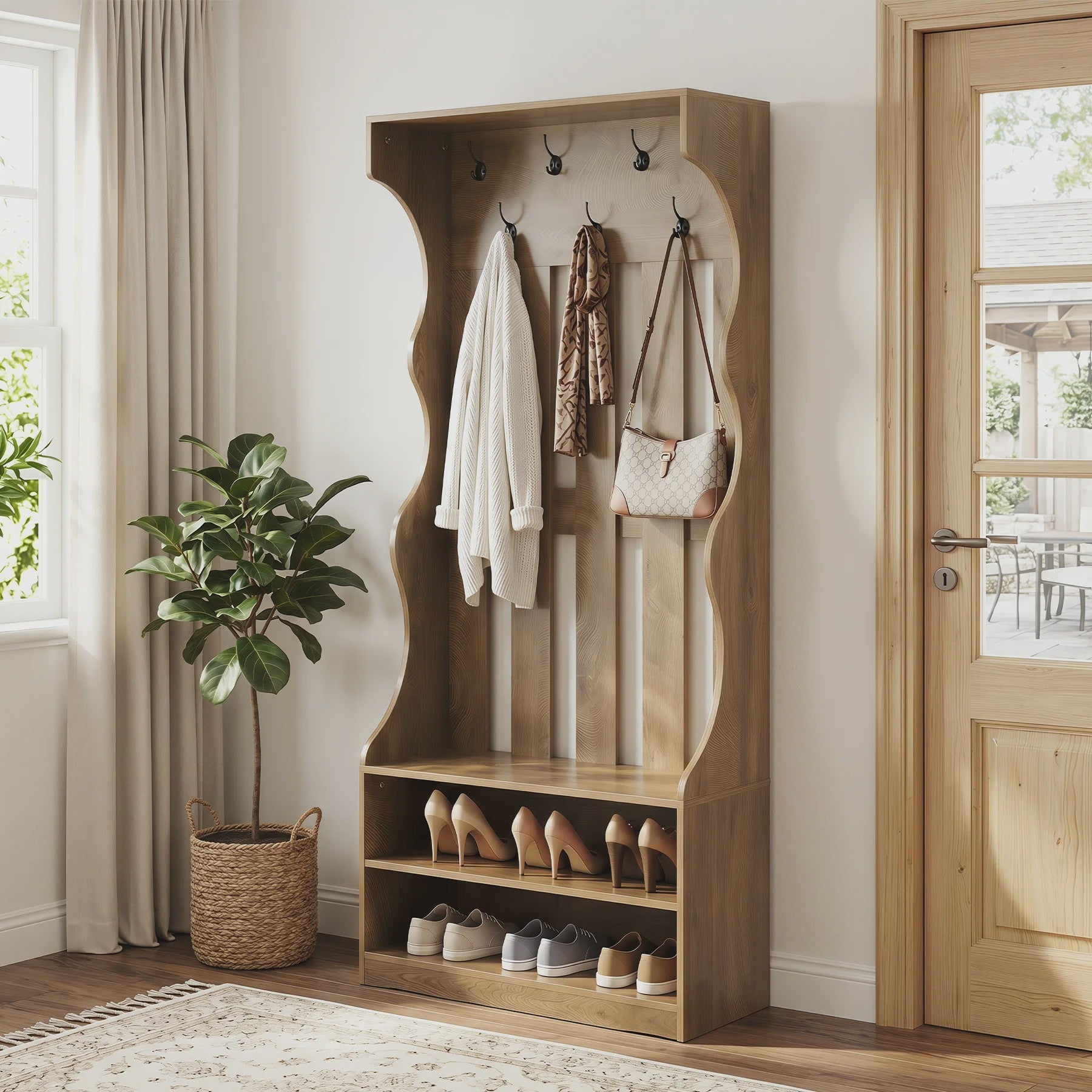 3-in-1 Halmeubel met Schoenenbank en Kapstok - Boerderijstijl Entree Organizer - 180cm Hoog - Bruin