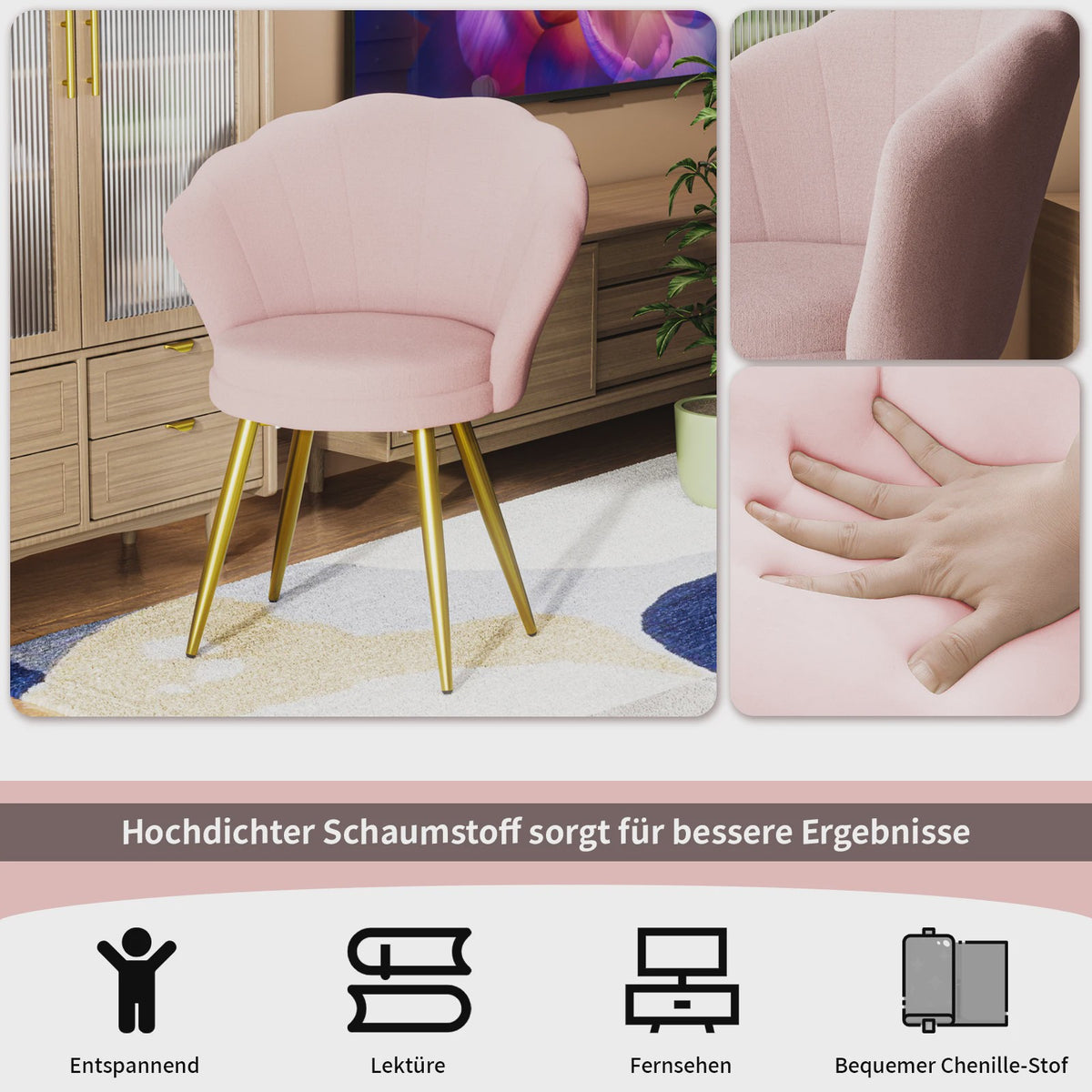 Comfortabele Fluwele Schelpstoel met Gouden Metalen Poten - Stijlvolle Accentstoel voor Woonkamer & Slaapkamer