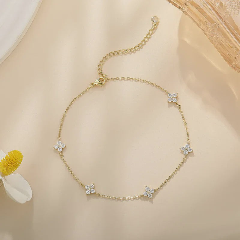 Dames Anklet Klavertje Vier Bloemen - 18K Goudkleurig, Waterdicht & Zirkonia