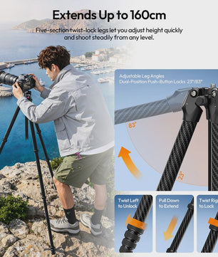 Ulanzi TZ01: Veelzijdige 2-in-1 Carbon Fiber Tripod (1.63m) - Compact & Stabiel voor Outdoor, Vlogging & Reizen