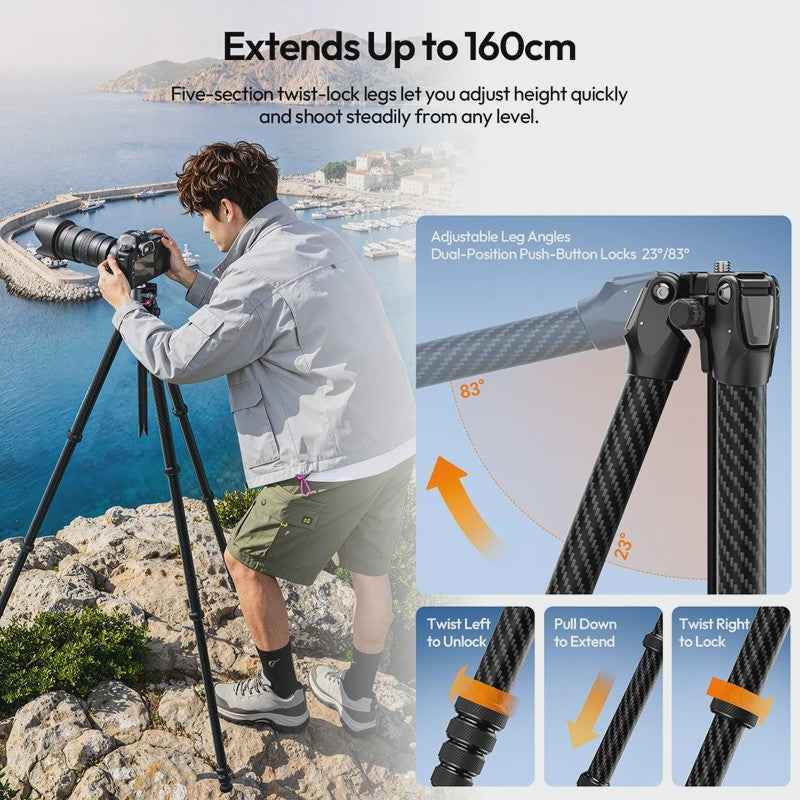 Ulanzi TZ01: Veelzijdige 2-in-1 Carbon Fiber Tripod (1.63m) - Compact & Stabiel voor Outdoor, Vlogging & Reizen