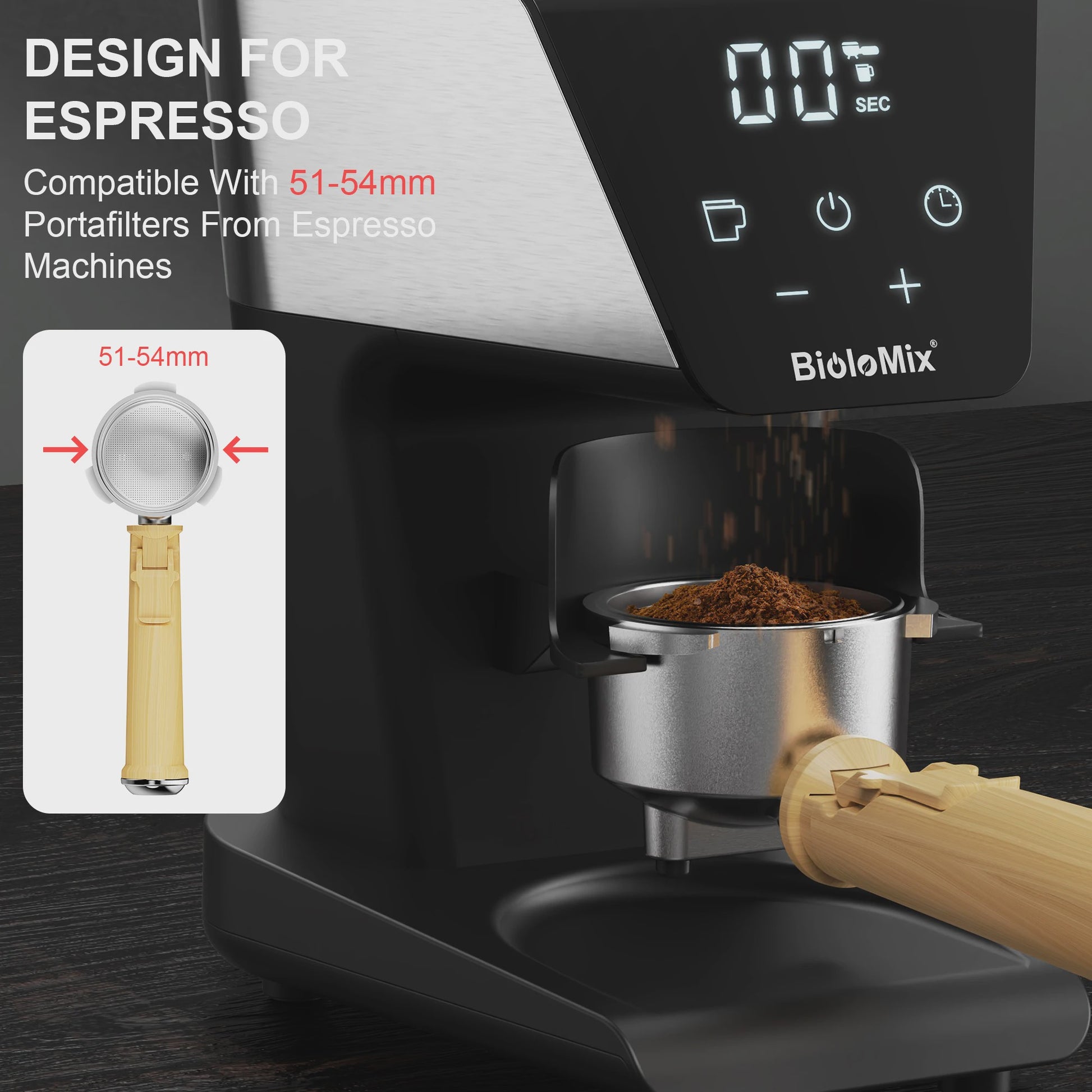 BioloMix Elektrische Koffiemolen met 30 Instellingen & Timer - Perfect voor Espresso, Filterkoffie & Meer