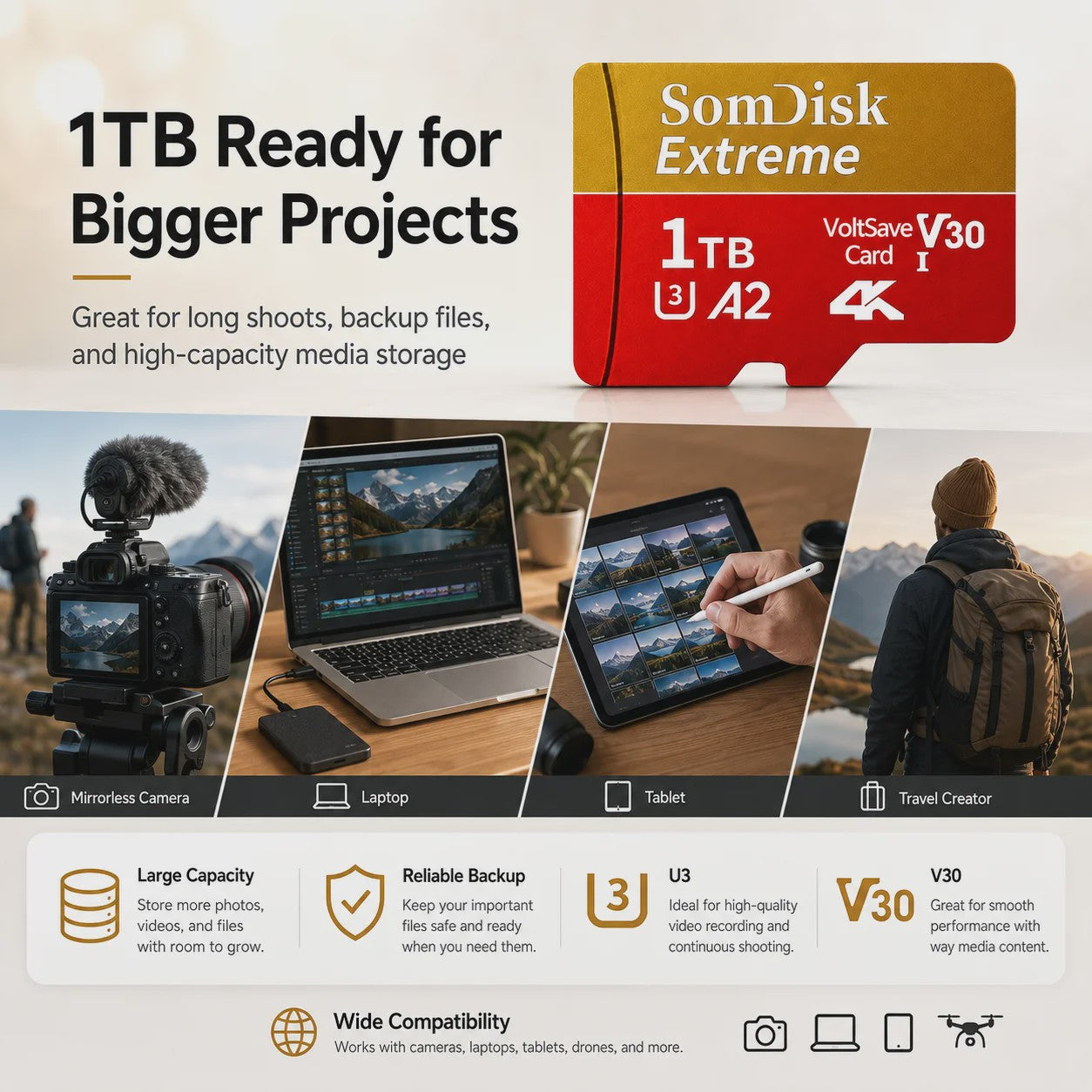 Snelle Micro SDXC Kaart 128GB/256GB/512GB/1TB/2TB - Class 10, U3, A2, 4K Video Ready